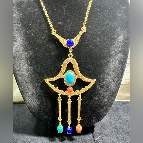 Vtg: Egyptian Revival Articulated Cabochon Statement Necklace - Picture 4 of 6